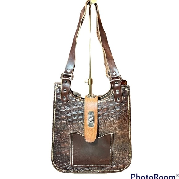 Handcrafted structured urban raw edge leather croc embossed shoulder bag NWOT - Picture 1 of 12